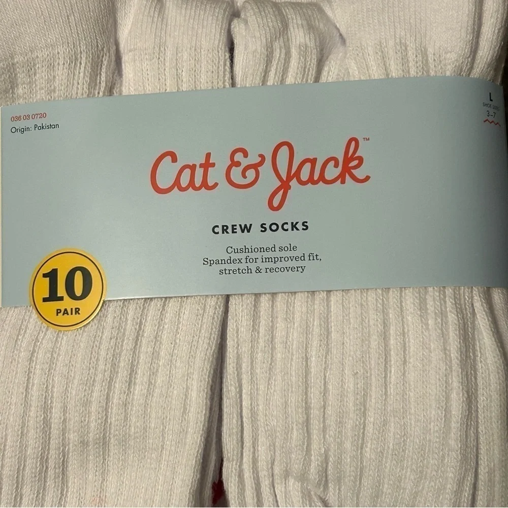 Cat & Jack Girls 3-7 Large Crew Socks White w/colored heels NWT (Lot of 2 pkg)